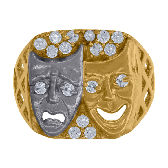 10kt Two-tone Gold Mens Cubic Zirconia CZ Comedy Tragedy Mask Ring 