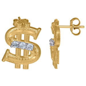 10kt Gold Two-tone CZ Mens Dollar Sign Push Back Studs