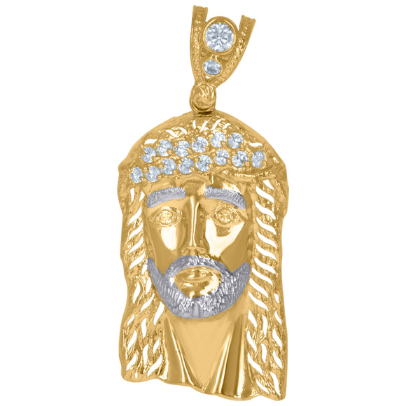 10KT Two-Tone Gold Mens Cubic Zirconia Jesus Religious Charm Pendant