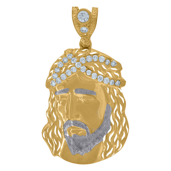10KT Two-Tone Gold Mens Cubic Zirconia Jesus Religious Charm Pendant