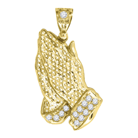 10KT Yellow Gold Mens Cubic Zirconia Praying Hands Religious Charm Pendant