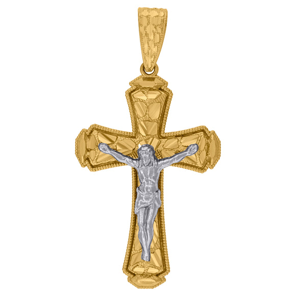 10kt Gold Two-tone Diamond-cut Nugget Mens Cross Crucifix Ht:60.7mm x W:32mm Religious Charm Pendant