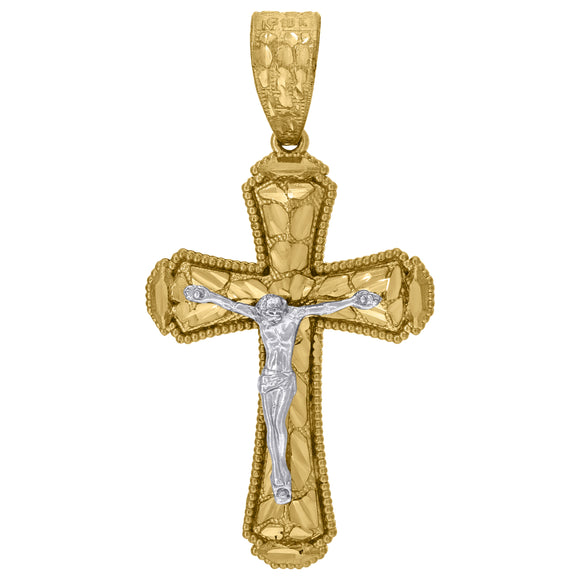 10kt Gold Two-tone Diamond-cut Nugget Mens Cross Crucifix Ht:55.3mm x W:27.6mm Religious Charm Pendant