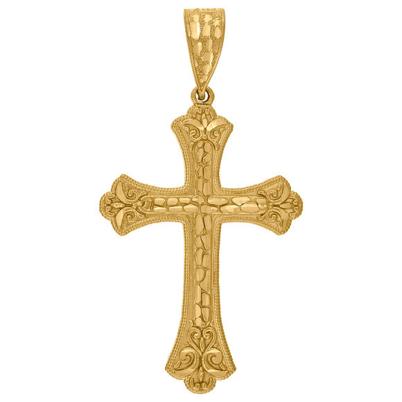 10kt Yellow Gold Nugget Mens Cross Ht:61.1mm x W:32.6mm Religious Charm Pendant