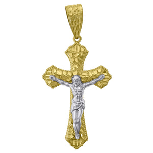 10kt Gold Two-tone Nugget Mens Cross Crucifix Ht:54mm x W:25.8mm Religious Charm Pendant