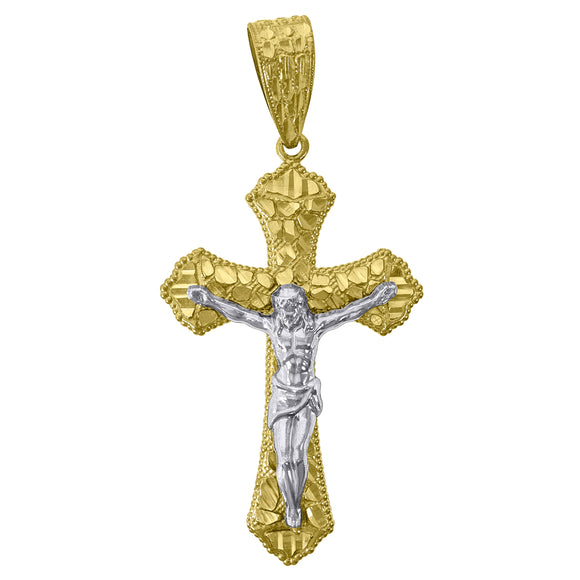 10kt Gold Two-tone Nugget Mens Cross Crucifix Ht:54mm x W:25.8mm Religious Charm Pendant