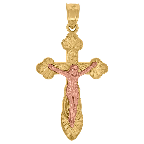 10kt Gold Two-tone Diamond-cut Unisex Cross Crucifix Ht:29.8mm x W:15.6mm Religious Charm Pendant