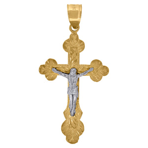 10kt Gold Two-tone Diamond-cut Unisex Cross Crucifix Ht:37mm x W:18.2mm Religious Charm Pendant