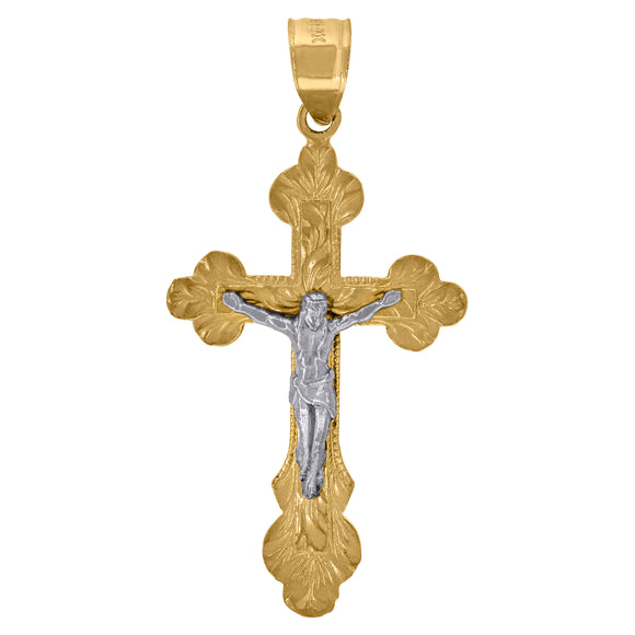 10kt Gold Two-tone Diamond-cut Unisex Cross Crucifix Ht:37mm x W:18.2mm Religious Charm Pendant