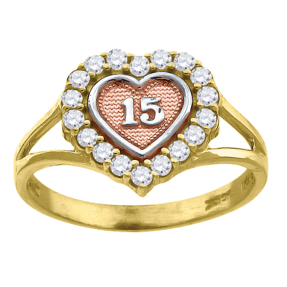 10kt Gold Tri-color CZ Girls 15 Anos Heart Quinceanera Band Ring