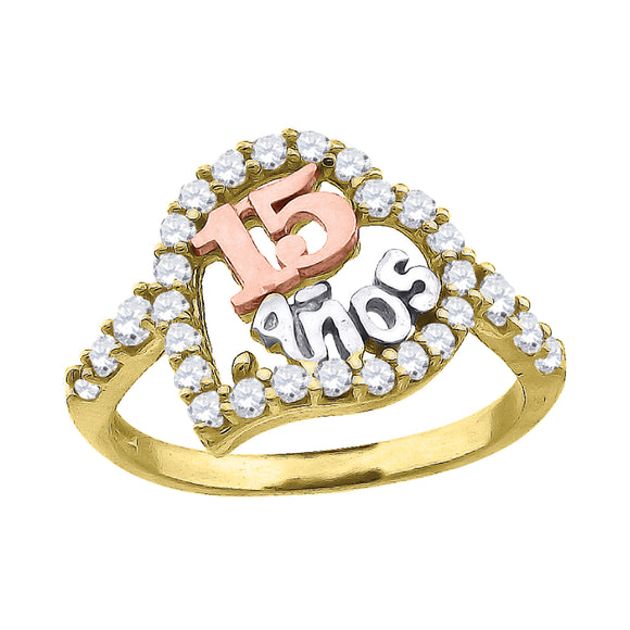 10kt Gold Tri-color CZ Girls 15 Anos Quinceanera Heart Band Ring