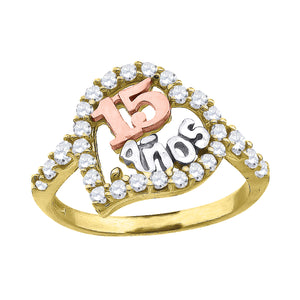 10kt Gold Tri-color CZ Girls 15 Anos Quinceanera Heart Band Ring