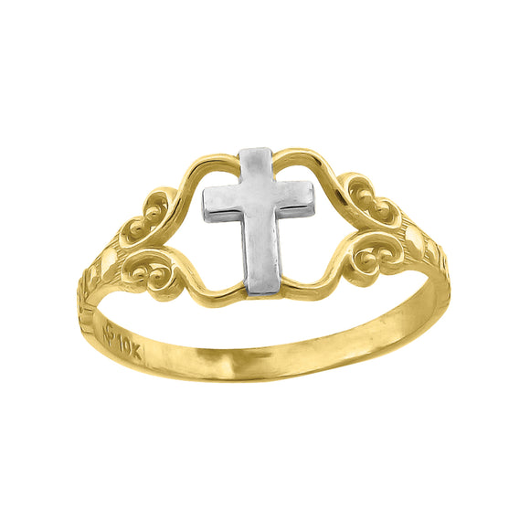 10kt Two-tone Gold Childrens Polished Finish Cross Religious Ring