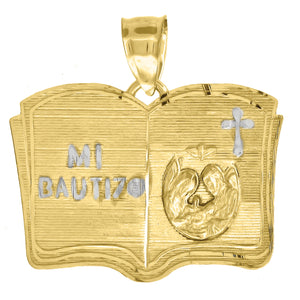 10kt Gold Two-tone Diamond-cut Unisex Mi Bautizo Ht:22.2mm x W:22.7mm Religious Charm Pendant