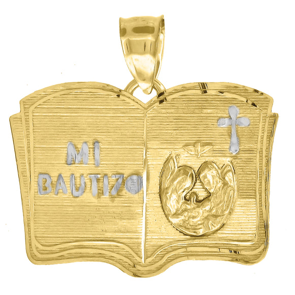 10kt Gold Two-tone Diamond-cut Unisex Mi Bautizo Ht:22.2mm x W:22.7mm Religious Charm Pendant