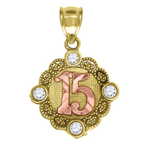 10kt Gold Two-tone Cubic-zirconia Womens 15 Anos Ht:19.6mm x W:13.8mm Quinceanera Charm Pendant