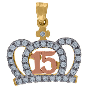 10kt Gold Tri-color Diamond-cut Womens 15 Anos Ht:16.3mm x W:13.6mm Quinceanera Charm Pendant