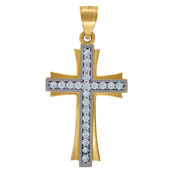10kt Gold Two-tone Cubic-zirconia Unisex Cross Ht:33.7mm x W:17.2mm Religious Charm Pendant