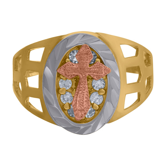 10kt Tri-color Gold Mens Cubic Zirconia CZ DC Cross Religious Ring