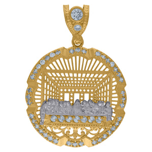 10KT Two-Tone Gold Mens Cubic Zirconia Last Supper Medallion Religious Charm Pendant