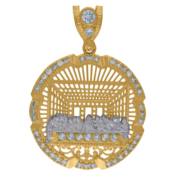 10KT Two-Tone Gold Mens Cubic Zirconia Last Supper Medallion Religious Charm Pendant
