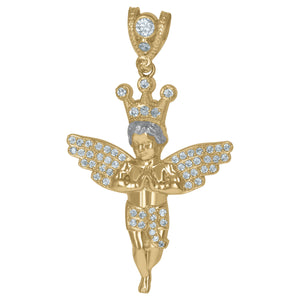 10KT Two-Tone Gold Mens Cubic Zirconia Praying Angel Crown Religious Charm Pendant