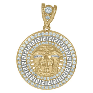10KT Two-Tone Gold Mens Cubic Zirconia Versace Greek Key Border Egyptian Charm Pendant