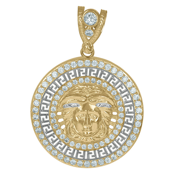 10KT Two-Tone Gold Mens Cubic Zirconia Versace Greek Key Border Egyptian Charm Pendant
