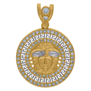 10KT Two-Tone Gold Mens Cubic Zirconia Versace Greek Key Border Egyptian Charm Pendant