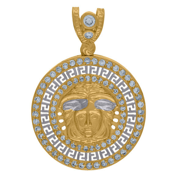 10KT Two-Tone Gold Mens Cubic Zirconia Versace Greek Key Border Egyptian Charm Pendant