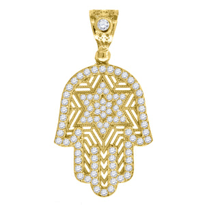10KT Yellow Gold Mens Cubic Zirconia Hamsa Religious Charm Pendant