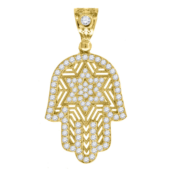 10KT Yellow Gold Mens Cubic Zirconia Hamsa Religious Charm Pendant