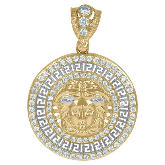 10KT Two-Tone Gold Mens Cubic Zirconia Versace Greek Key Border Egyptian Charm Pendant