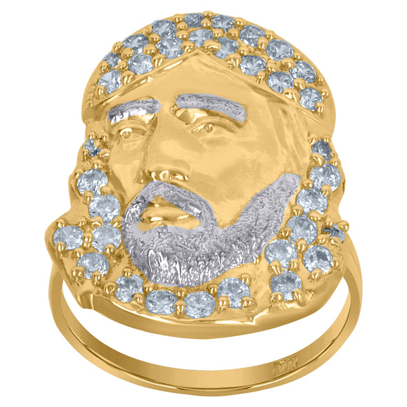 10KT Two-Tone Gold Mens Cubic Zirconia Jesus Religious Ring