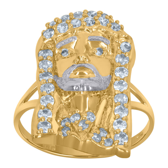 10KT Two-Tone Gold Mens Cubic Zirconia Jesus Religious Ring
