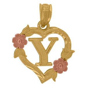 10kt Two-tone Gold Womens Heart Flower Initial Letter Y Charm Pendant