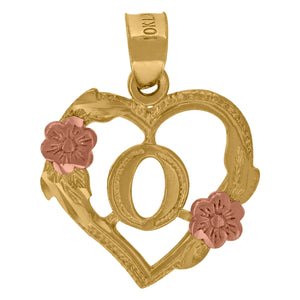 10kt Two-tone Gold Womens Heart Flower Initial Letter O Charm Pendant