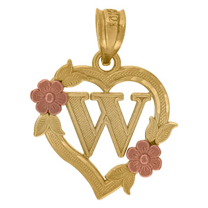 10kt Two-tone Gold Womens Heart Flower Initial Letter W Charm Pendant