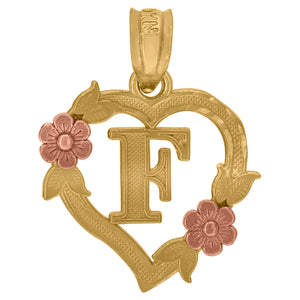 10kt Two-tone Gold Womens Heart Flower Initial Letter F Charm Pendant