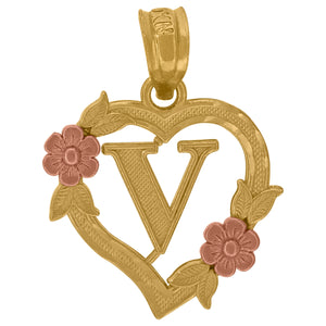 10kt Two-tone Gold Womens Heart Flower Initial Letter V Charm Pendant