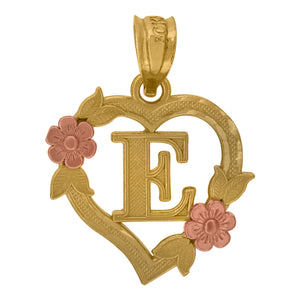 10kt Two-tone Gold Womens Heart Flower Initial Letter E Charm Pendant