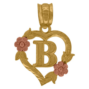 10kt Two-tone Gold Womens Heart Flower Initial Letter B Charm Pendant
