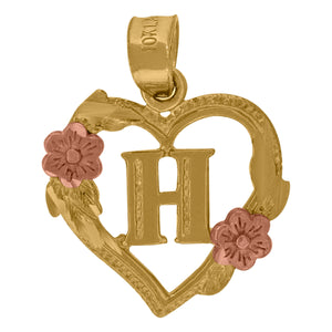 10kt Two-tone Gold Womens Heart Flower Initial Letter H Charm Pendant