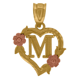 10kt Two-tone Gold Womens Heart Flower Initial Letter M Charm Pendant