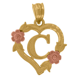 10kt Two-tone Gold Womens Heart Flower Initial Letter C Charm Pendant