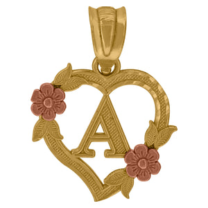 10kt Two-tone Gold Womens Heart Flower Initial Letter A Charm Pendant