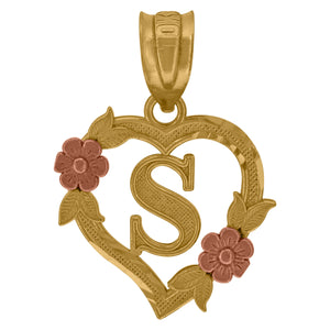 10kt Two-tone Gold Womens Heart Flower Initial Letter S Charm Pendant