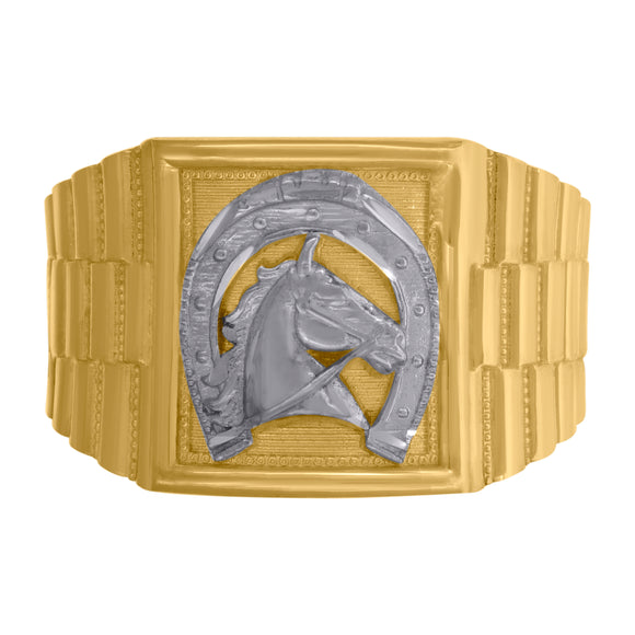 10kt Two-tone Gold Mens Textured Horseshoe Ring 