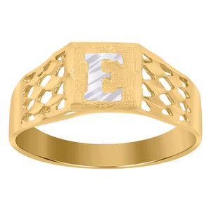 10kt Two-tone Gold Unisex Diamond-cut Textured Initial Letter E Band Ring