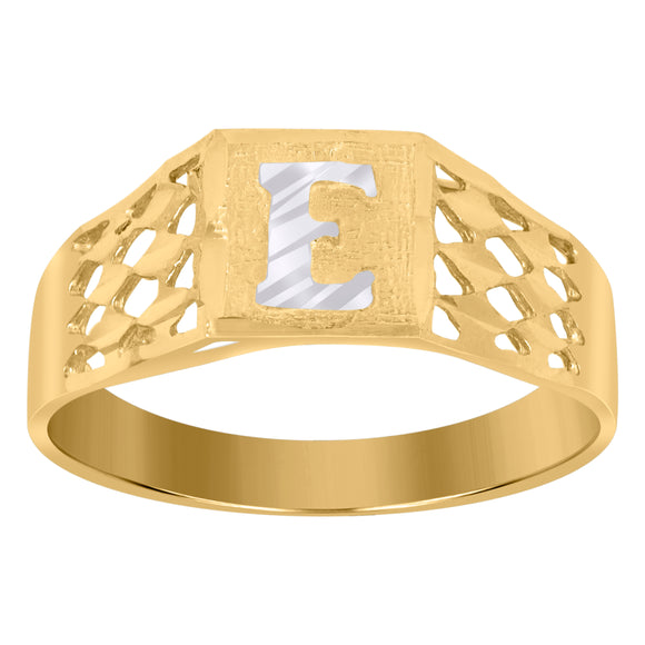 10kt Two-tone Gold Unisex Diamond-cut Textured Initial Letter E Band Ring